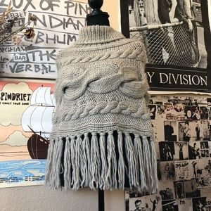 Fringed Knit Turtleneck Shawl